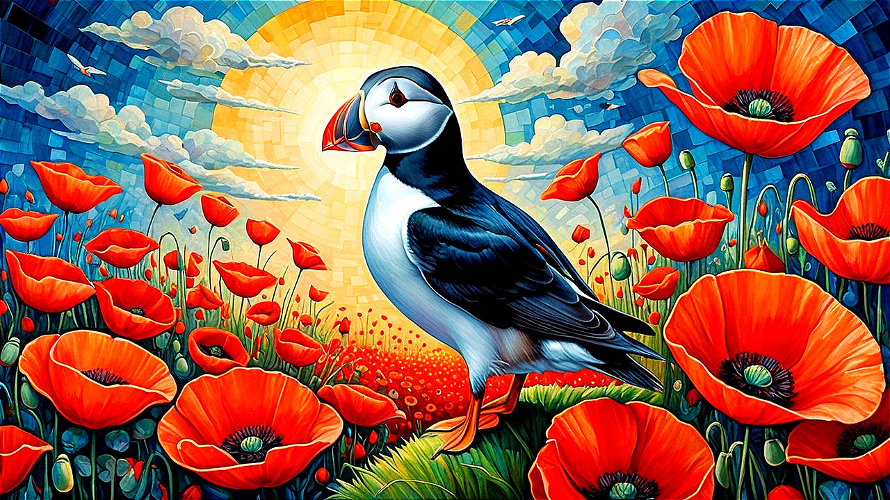 Puffin in a Field of Red Poppies at Sunrise
