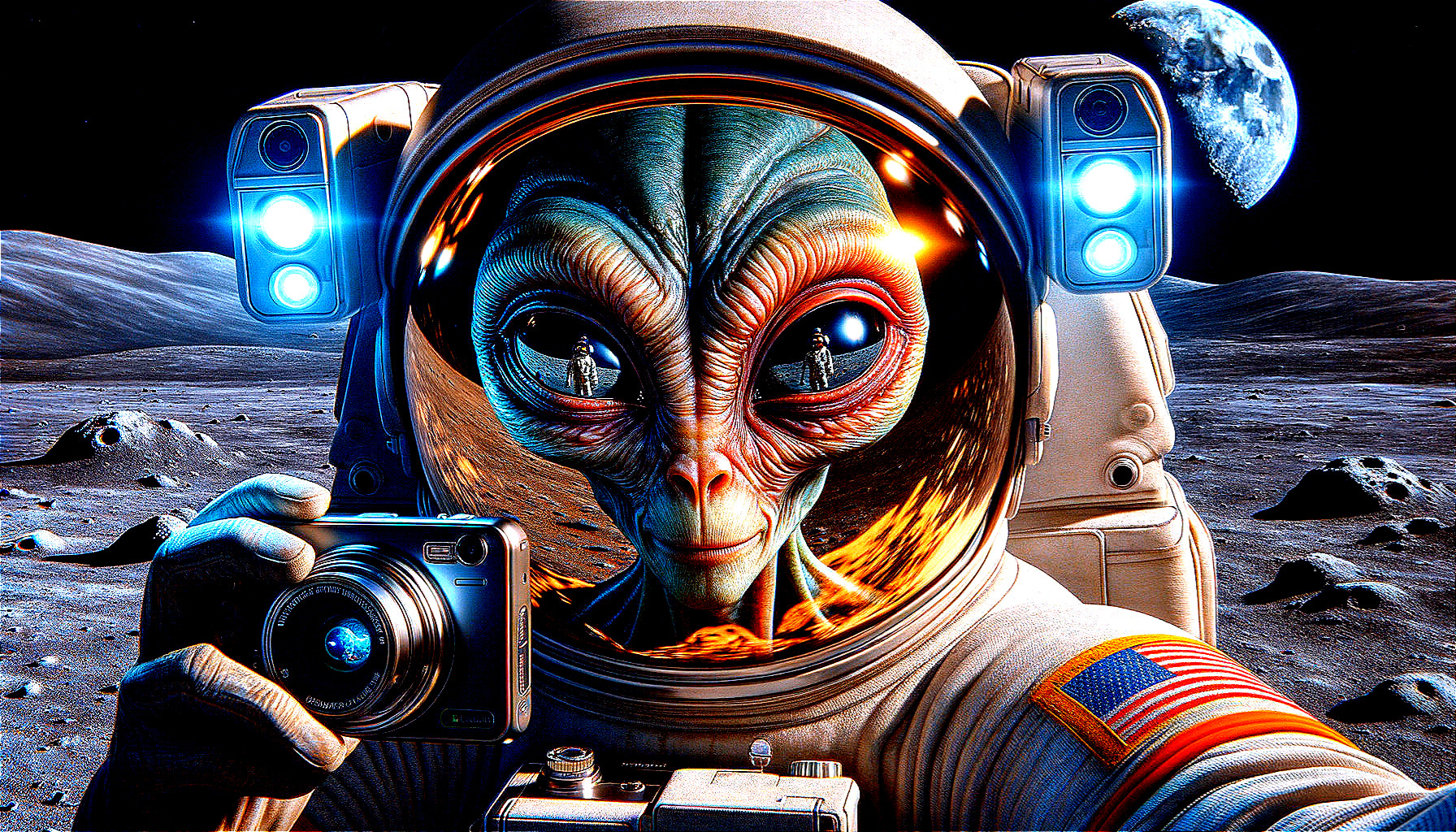 Alien Selfie on the Moon with Earth in Background