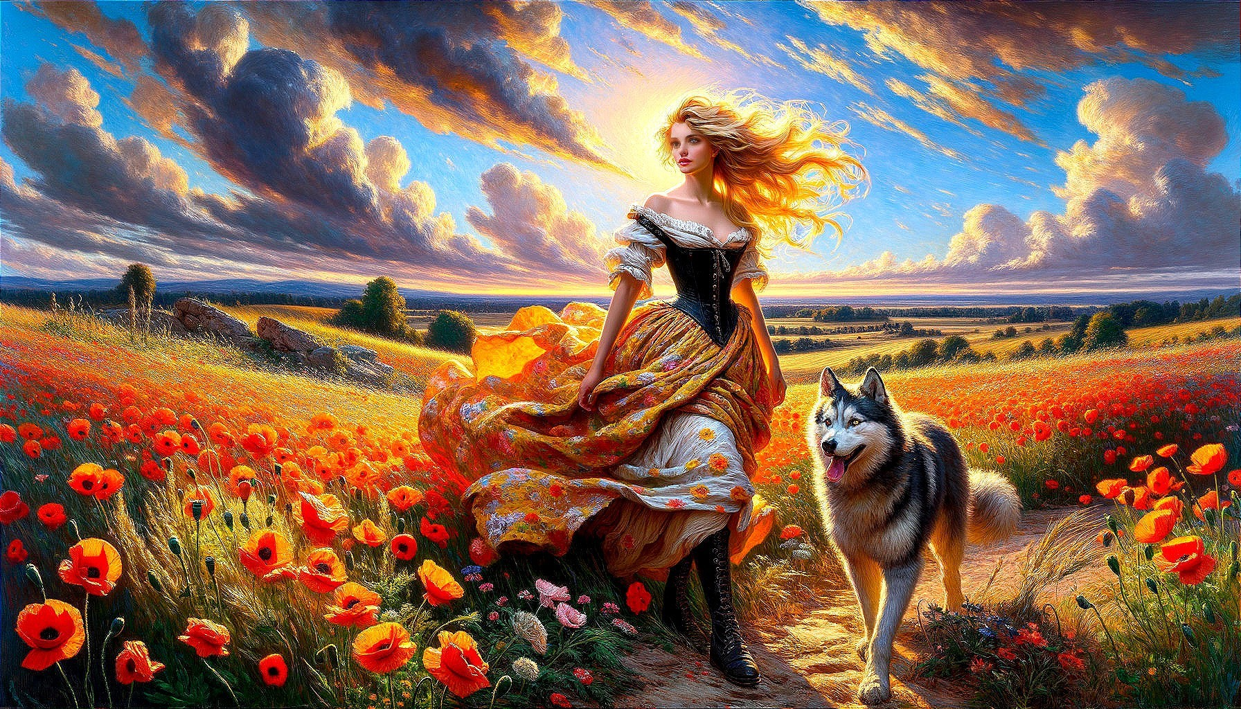 Young Woman in Poppy Field with Husky at Sunset