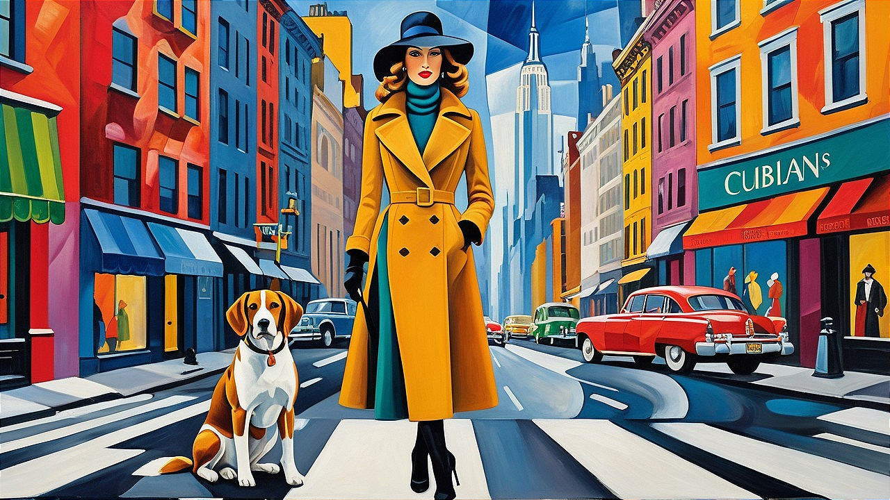 Stylish Woman in Yellow Coat with Beagle in City Scene