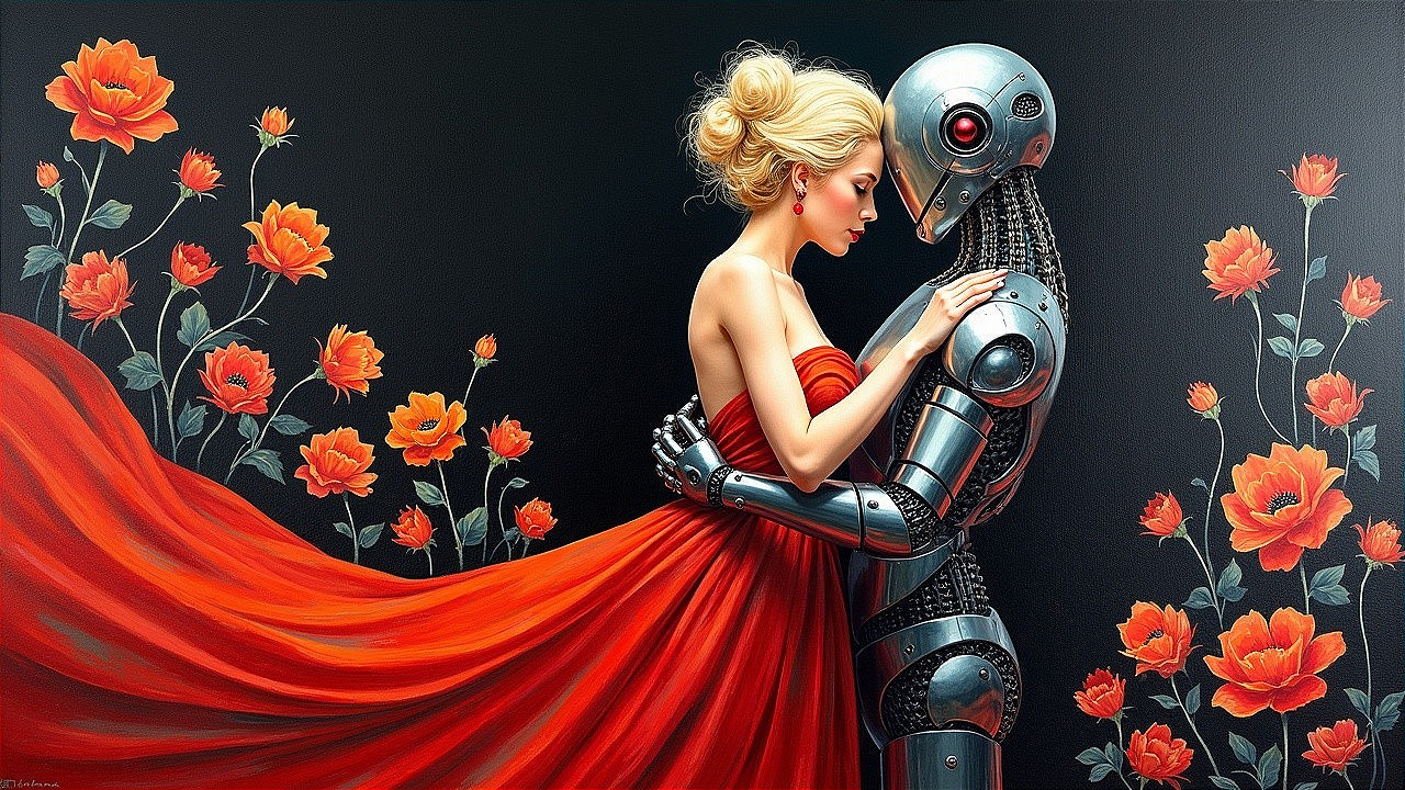 Woman in Red Dress with Metallic Robot and Flowers