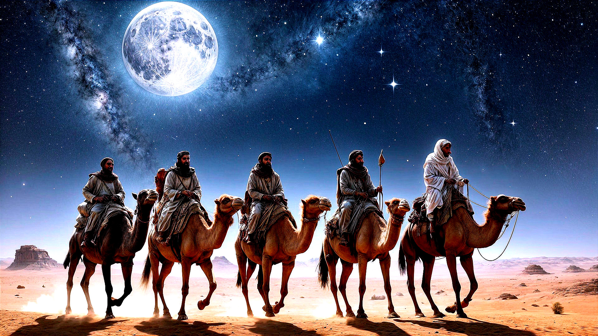 Hooded Figures on Camels in Starry Desert Landscape
