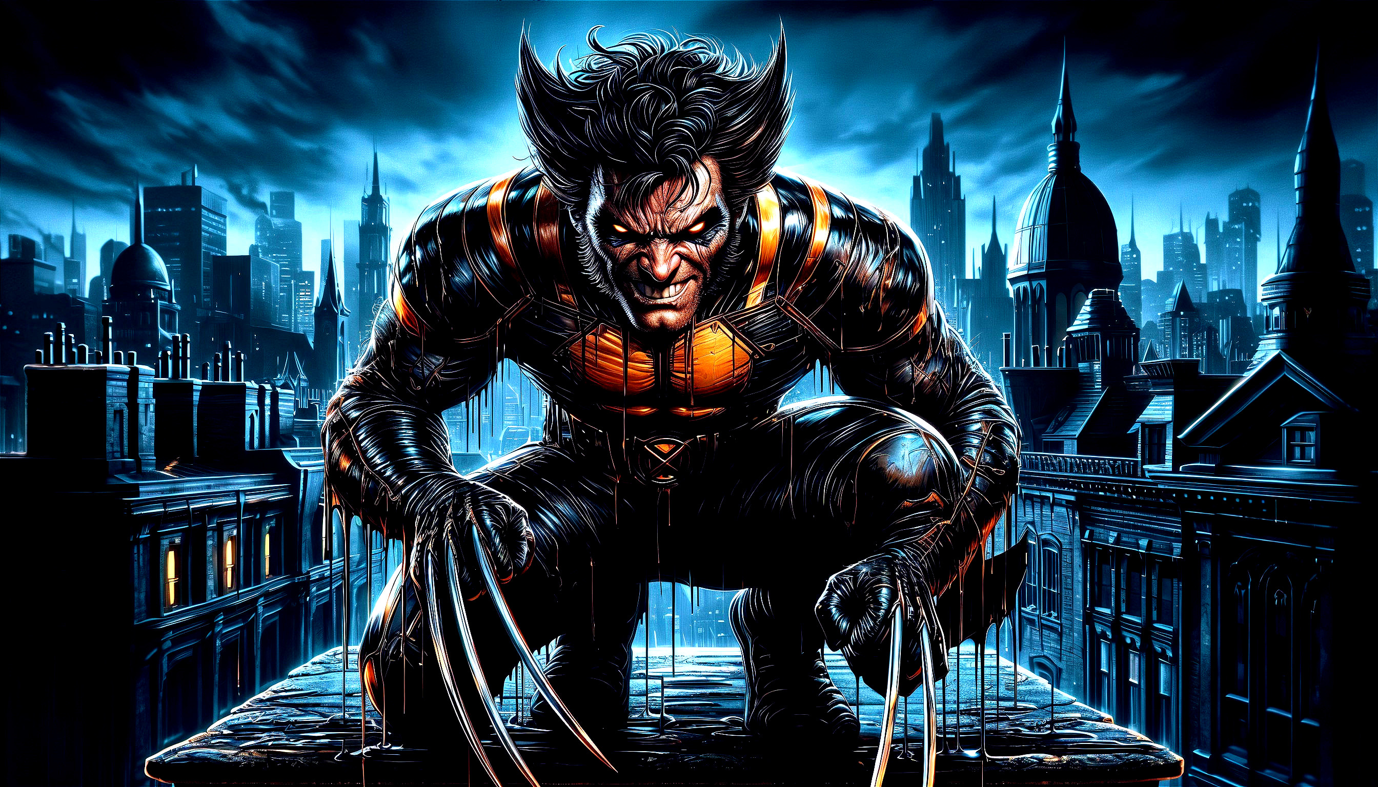 Muscular Figure in Armored Suit on Rooftop at Night