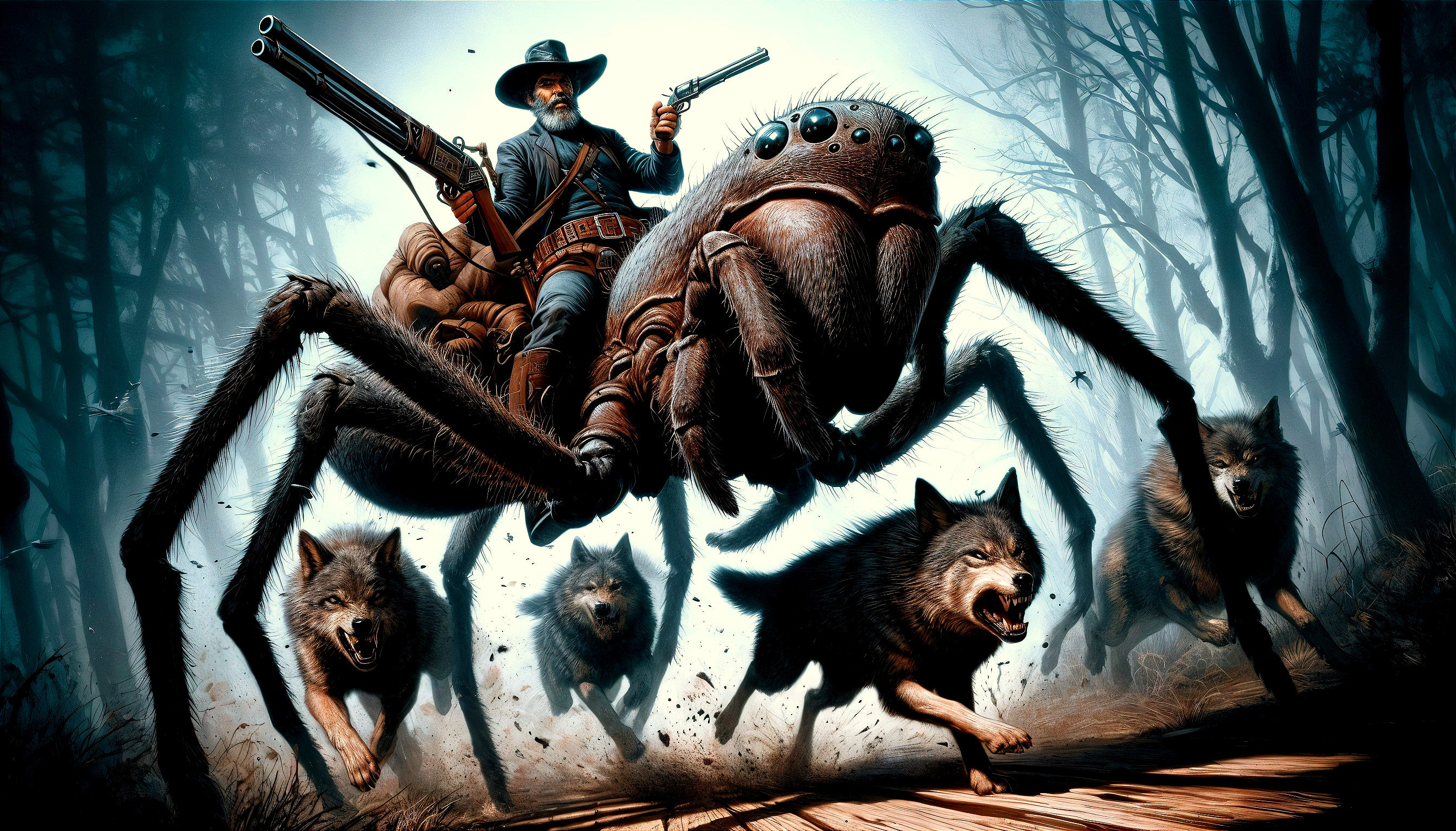 Cowboy Riding Spider with Wolves in Dark Fantasy Scene