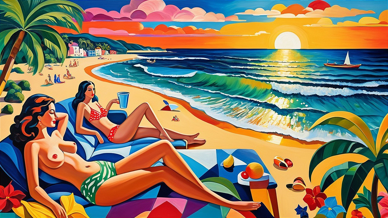 Vibrant Beach Scene at Sunset with Women Relaxing