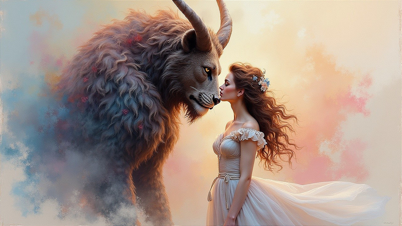 Mystical Encounter Between Woman and Majestic Creature