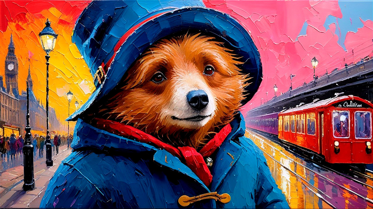 Charming Bear in Blue Coat Against Vibrant Cityscape