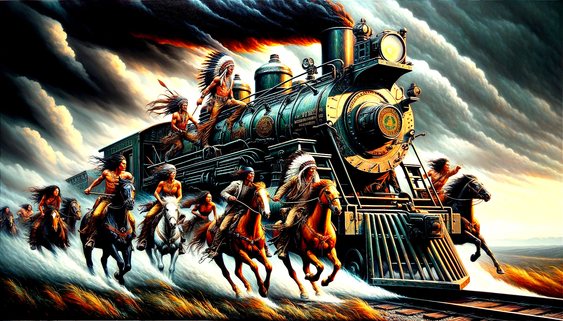 Locomotive Amid Turbulent Sky and Indigenous Figures
