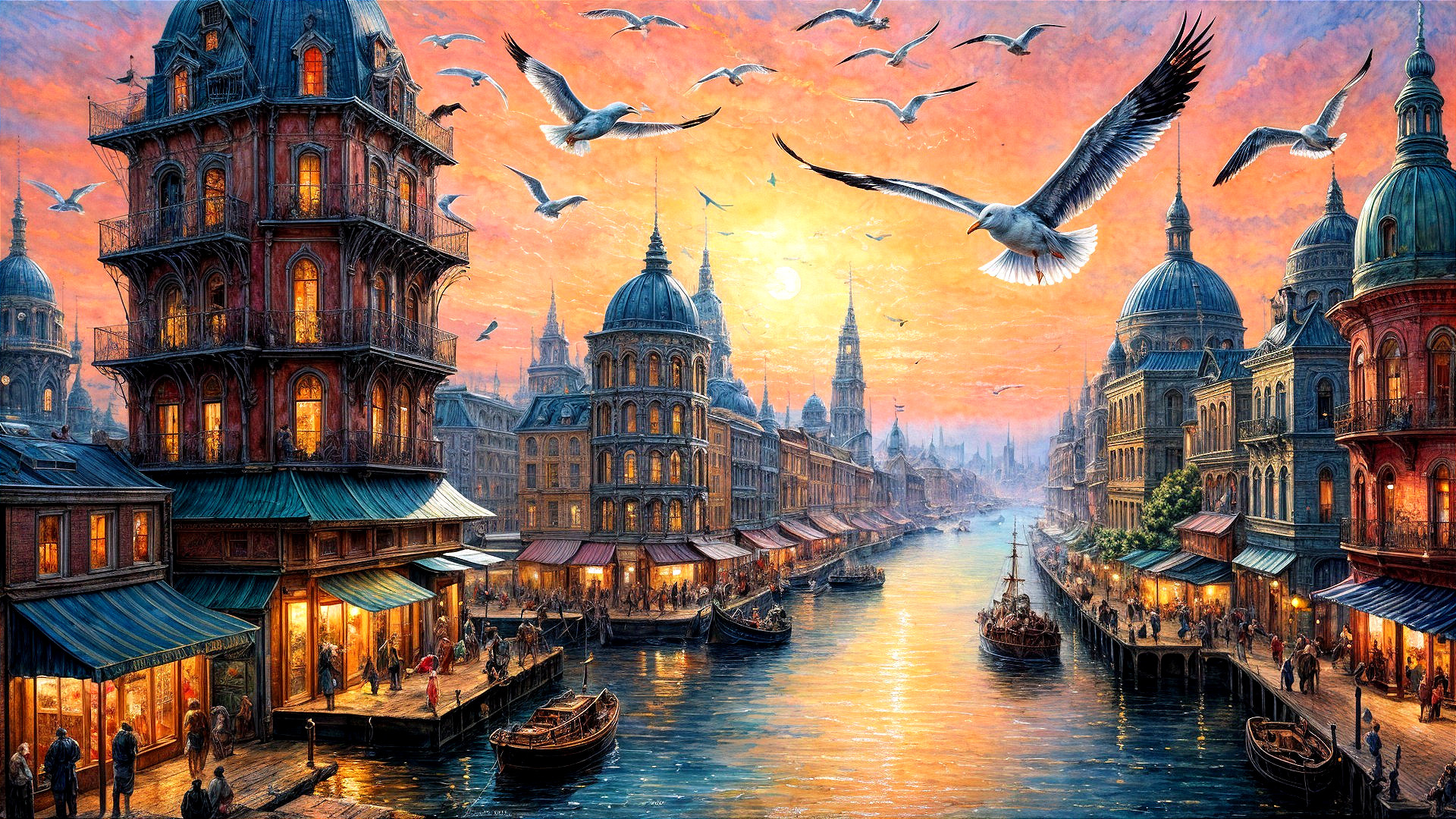 Vibrant Sunset Over a Bustling Canal Scene