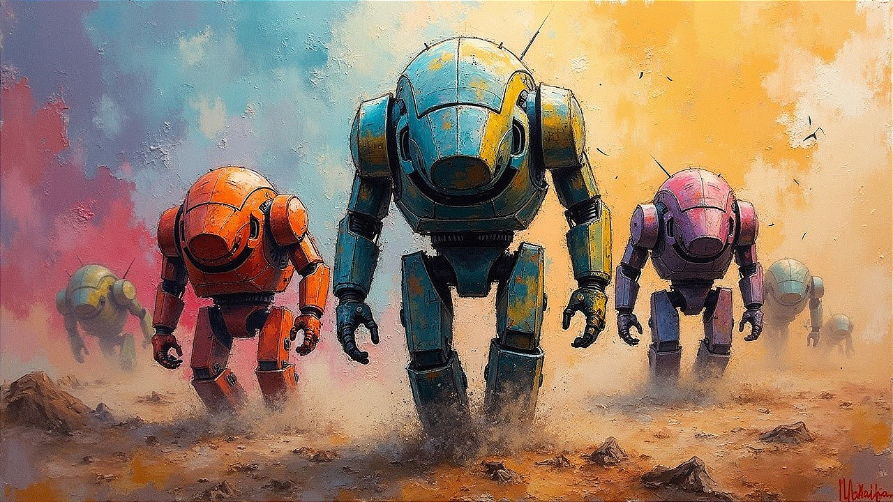 Large Colorful Robots in Dusty Landscape with Dramatic Sky