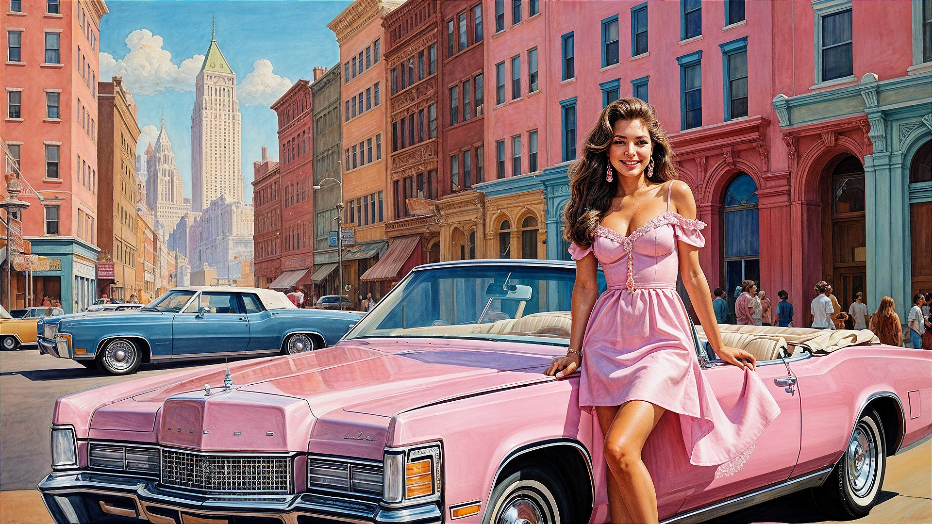 Vintage Scene of Woman with Pink Convertible in City