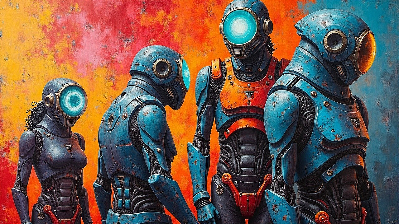 Futuristic Figures in Robotic Exoskeletons with Visors