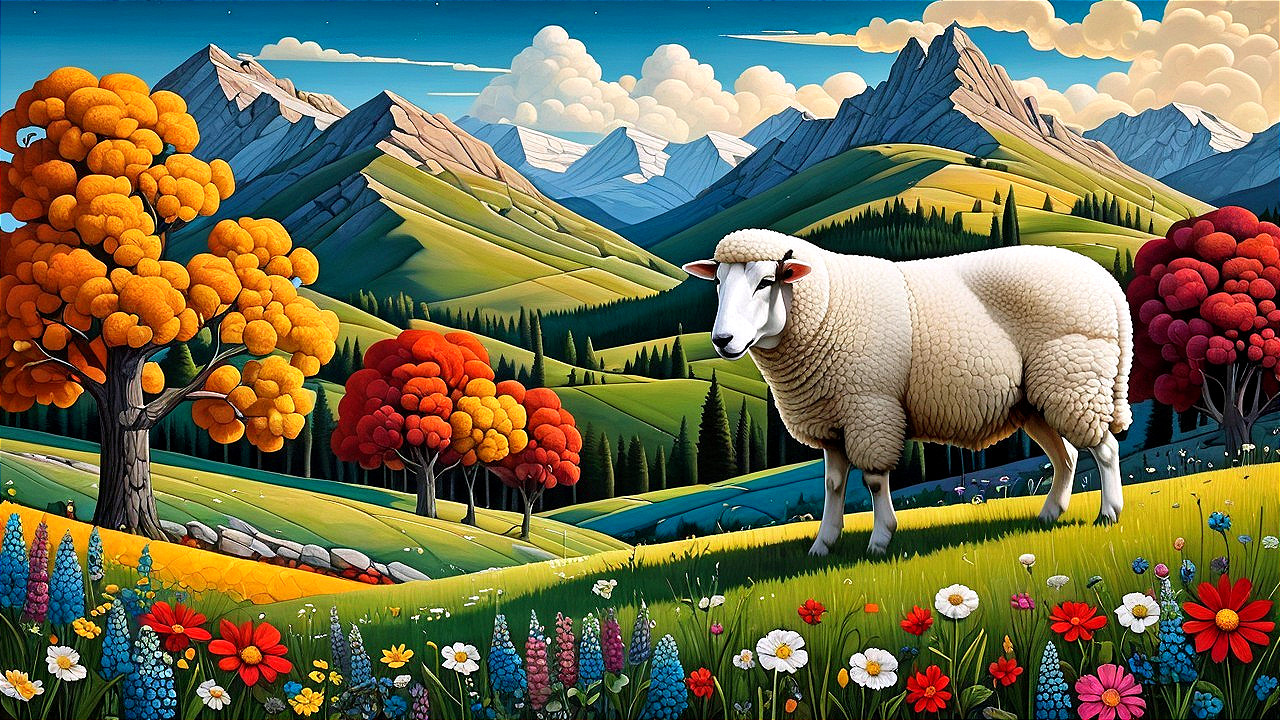 Fluffy Sheep in Colorful Meadow with Autumn Trees