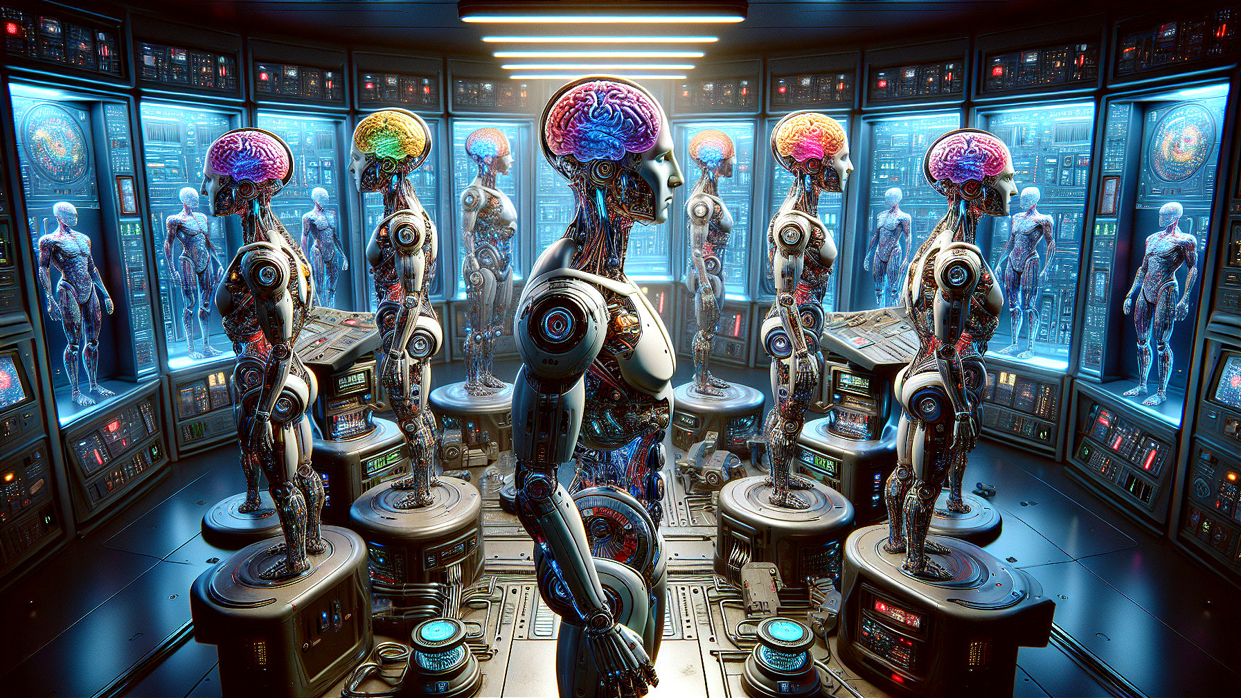 Humanoid Robots in Futuristic Lab Setting with Monitors