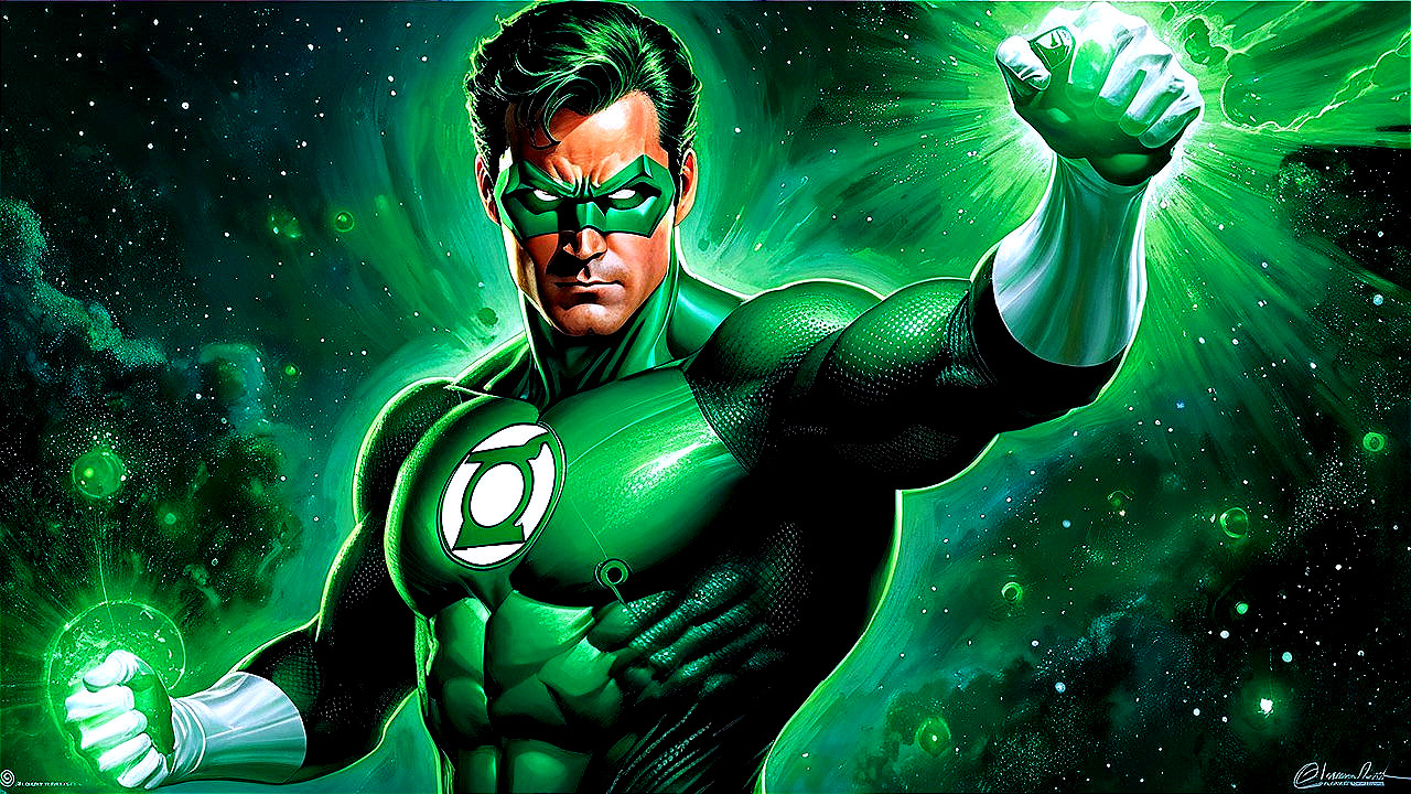 Muscular superhero in green uniform with energy sphere