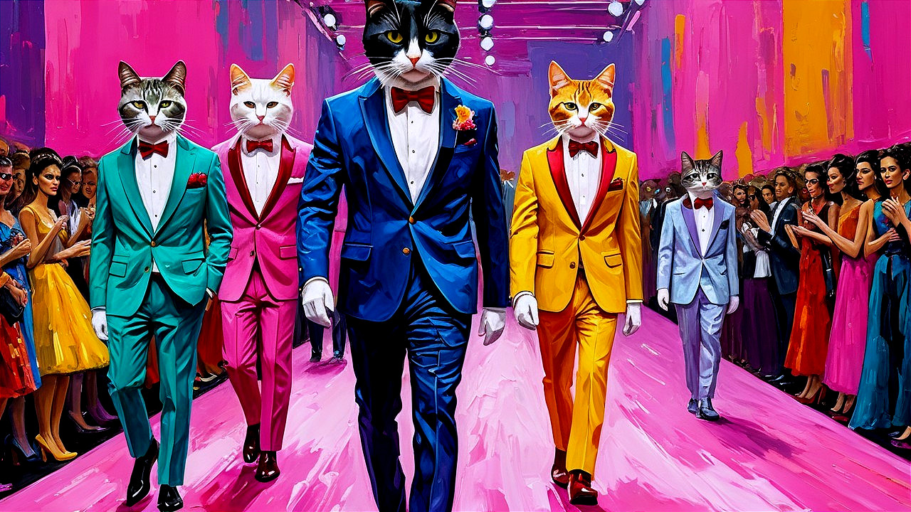 Fashion Runway with Elegantly Dressed Cats in Tuxedos