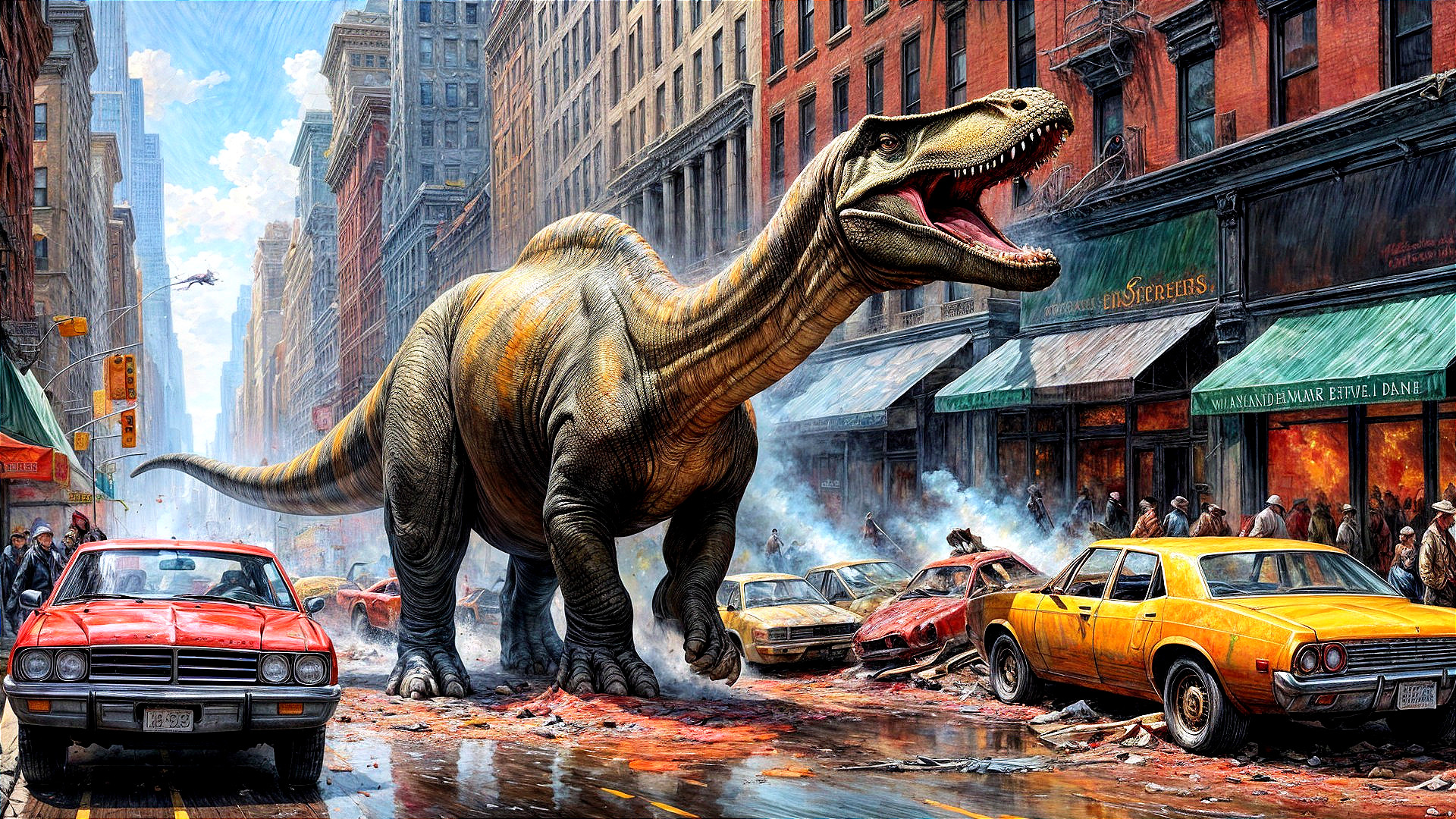 Dinosaur Causes Chaos in City Street Scene