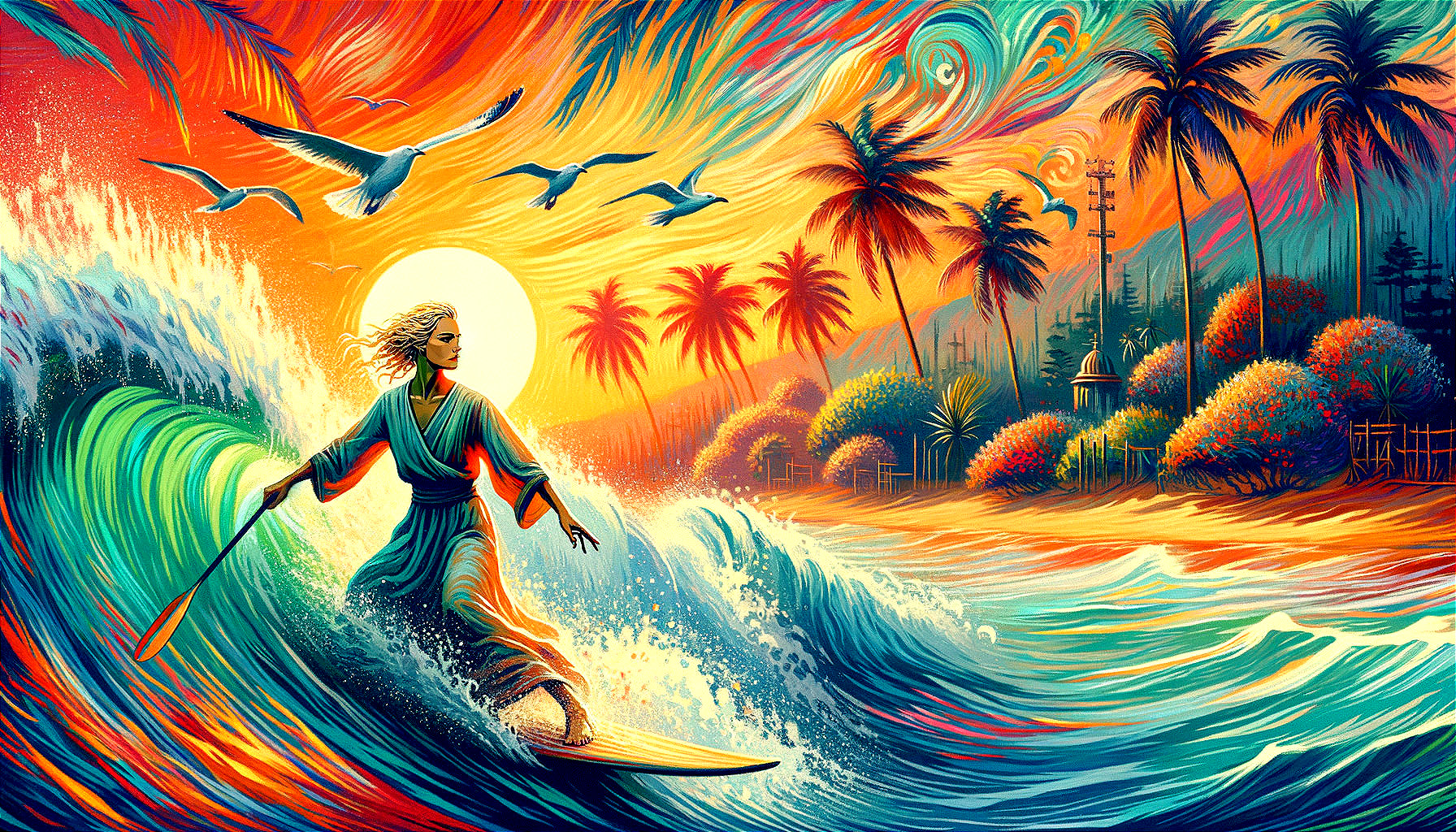 Surfer Riding a Wave at Sunset in Tropical Paradise