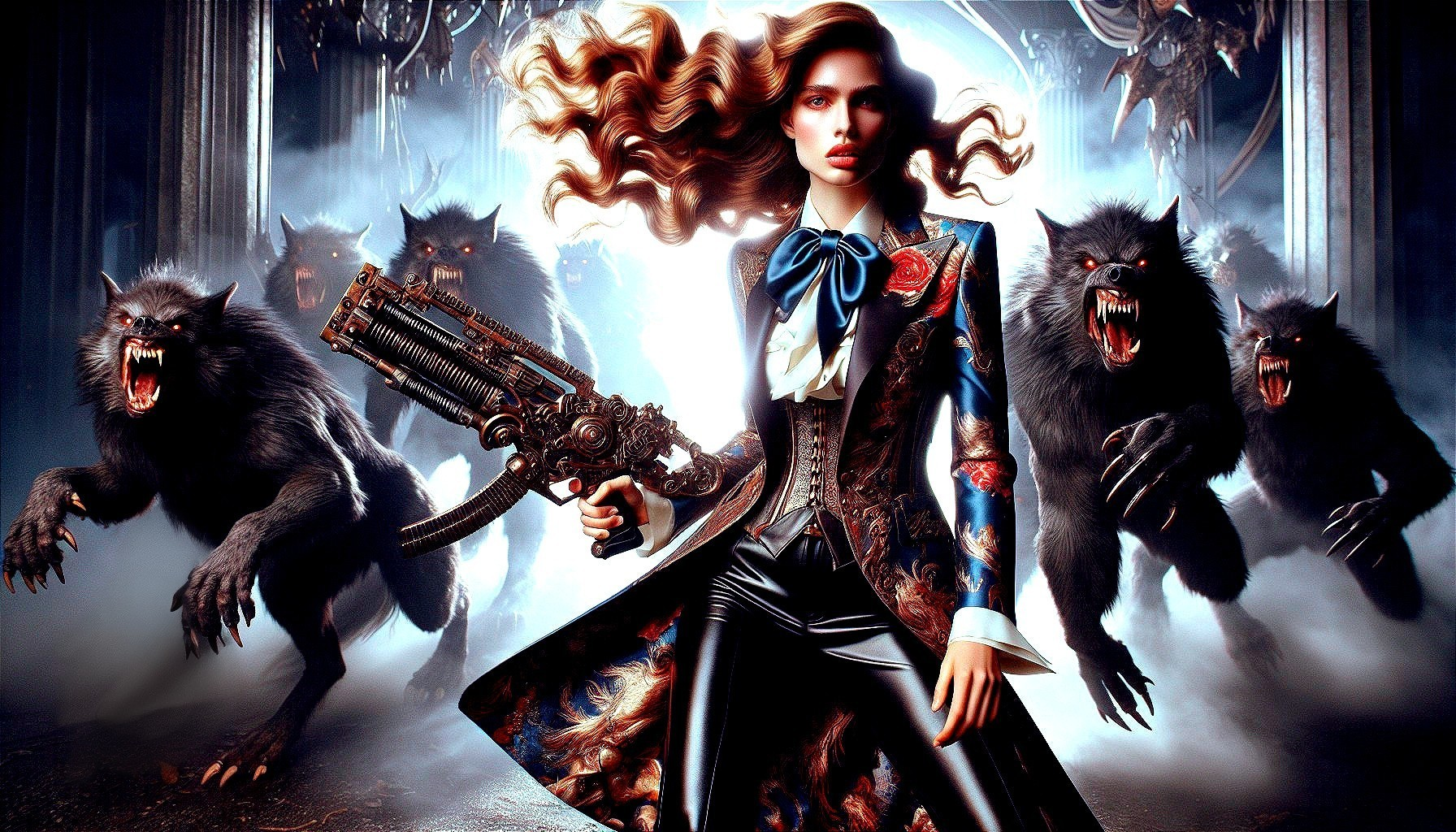 Gothic Character with Futuristic Gun and Wolves