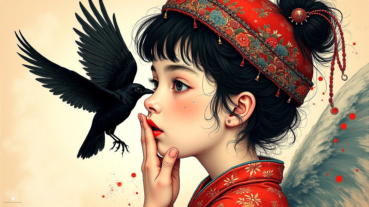 Young woman in red garment with black bird and soft colors