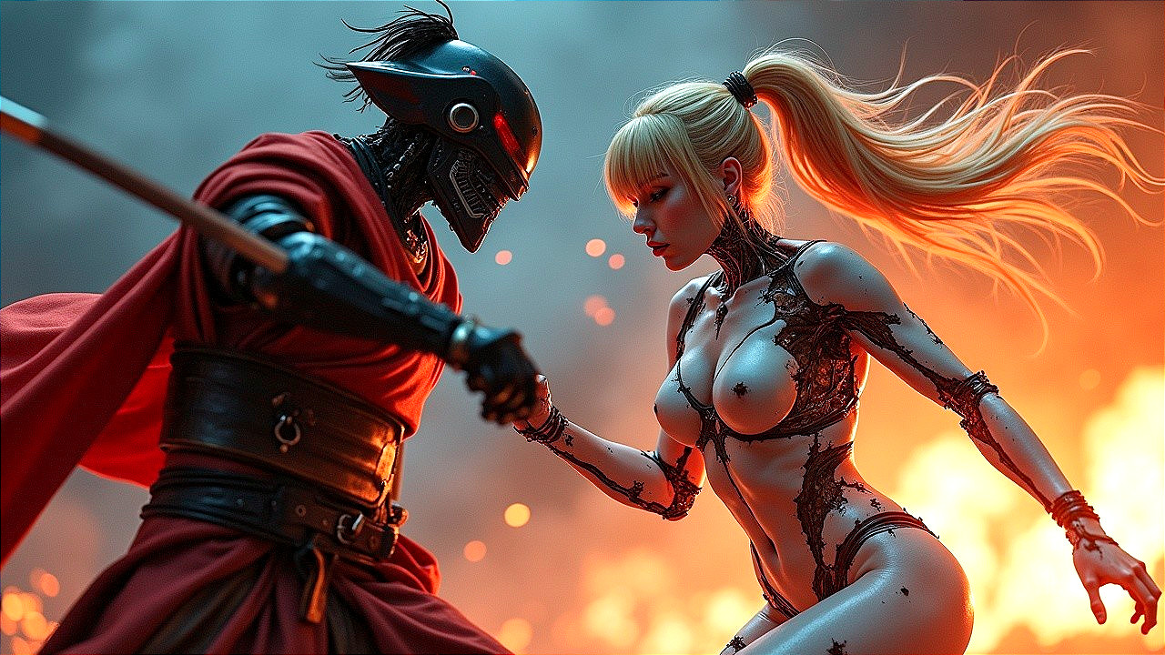 Samurai and Futuristic Warrior in Epic Battle Scene