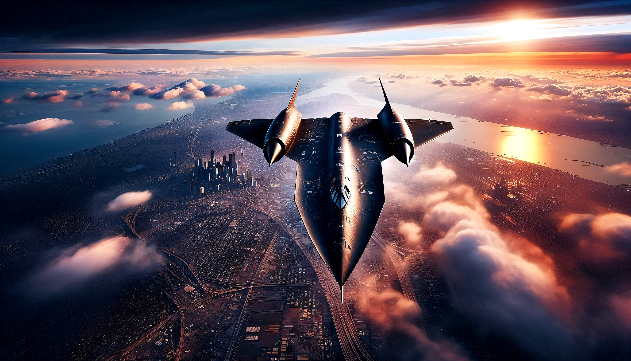 Futuristic Aircraft Over Cityscape at Sunset