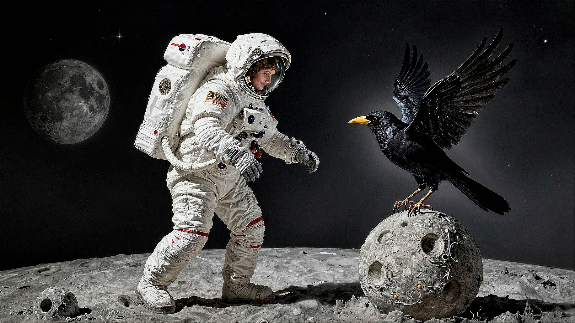 Boy in Spacesuit with Crow on Moon in Digital Painting
