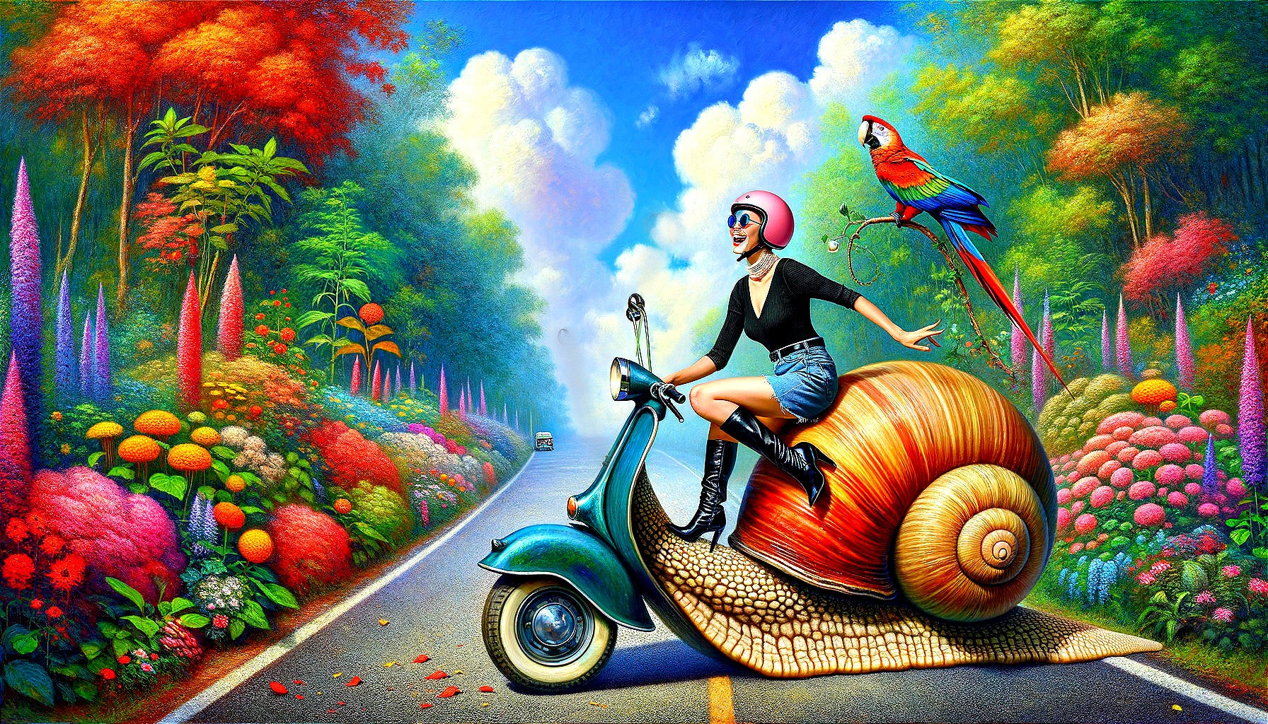 Whimsical Scene of Woman on Scooter atop Snail