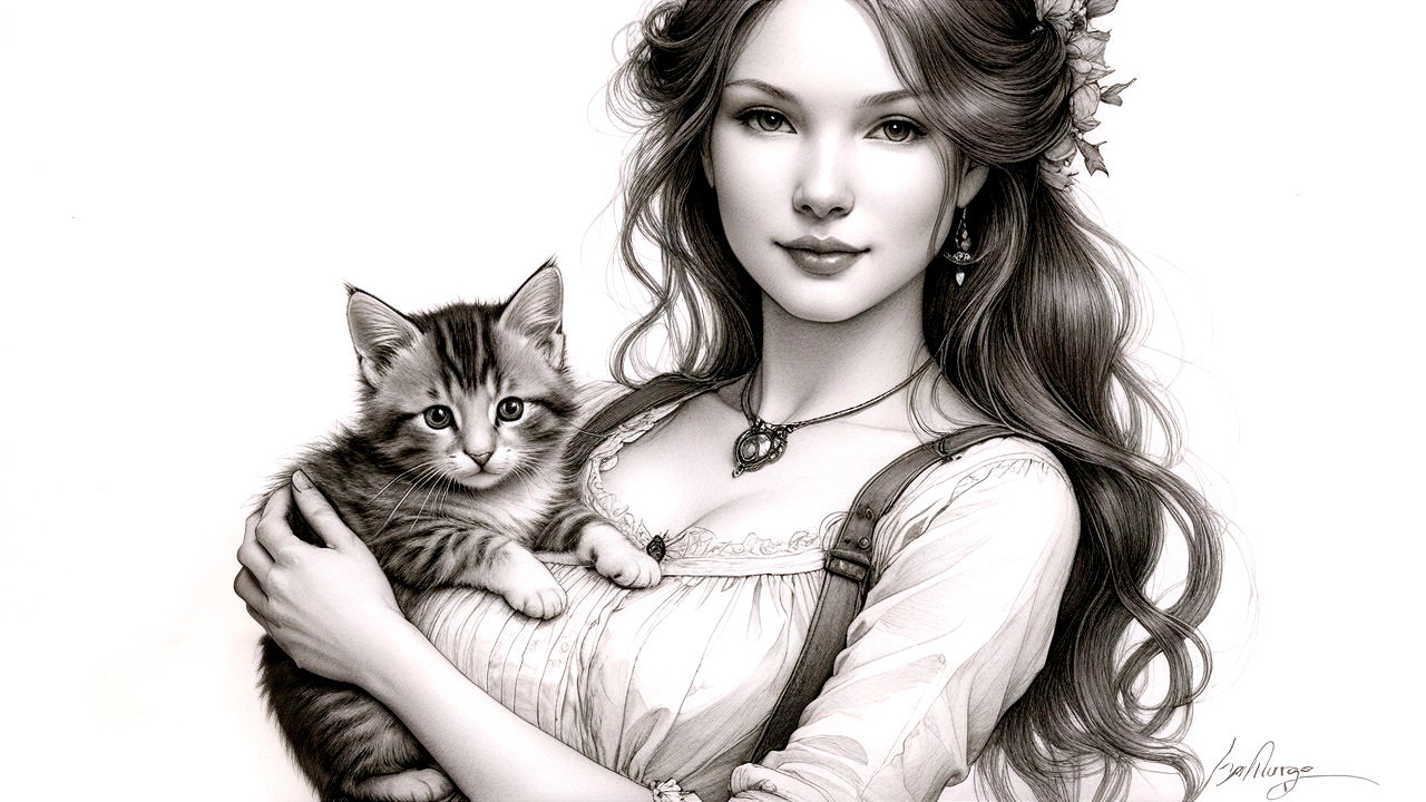 Young woman in vintage dress holding fluffy kitten