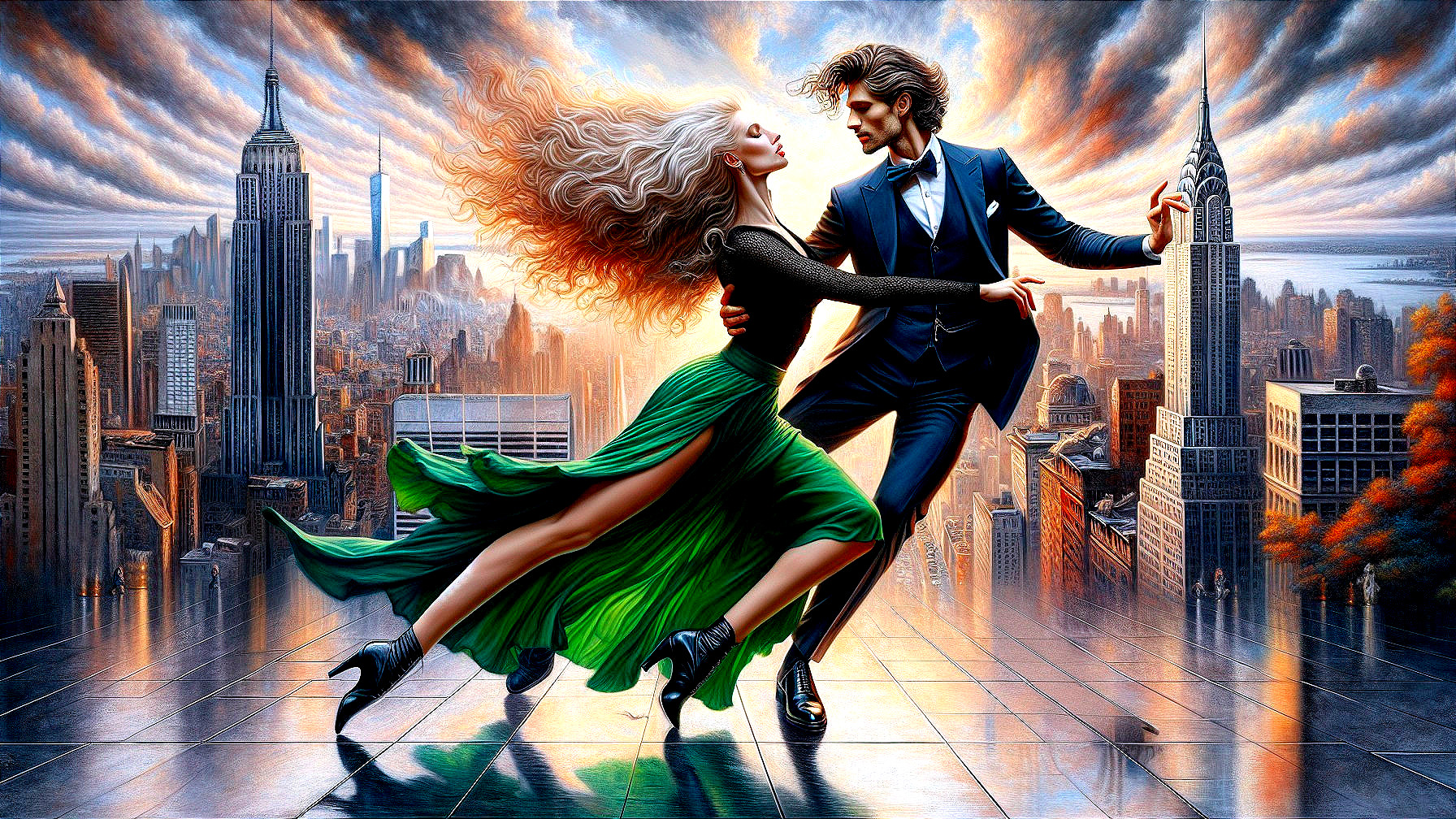 Couple Dancing Against Iconic Skyline and Dramatic Clouds