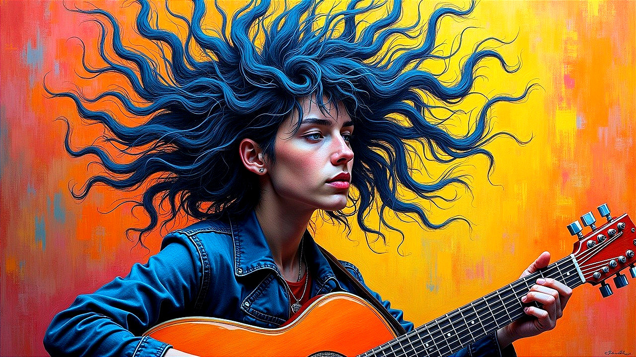 Young woman with voluminous hairstyle playing guitar