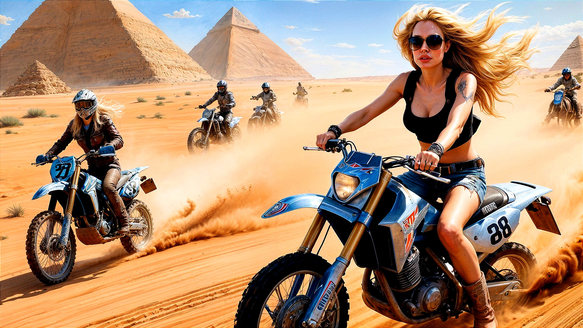 Riders on Off-Road Motorcycles in Desert Landscape