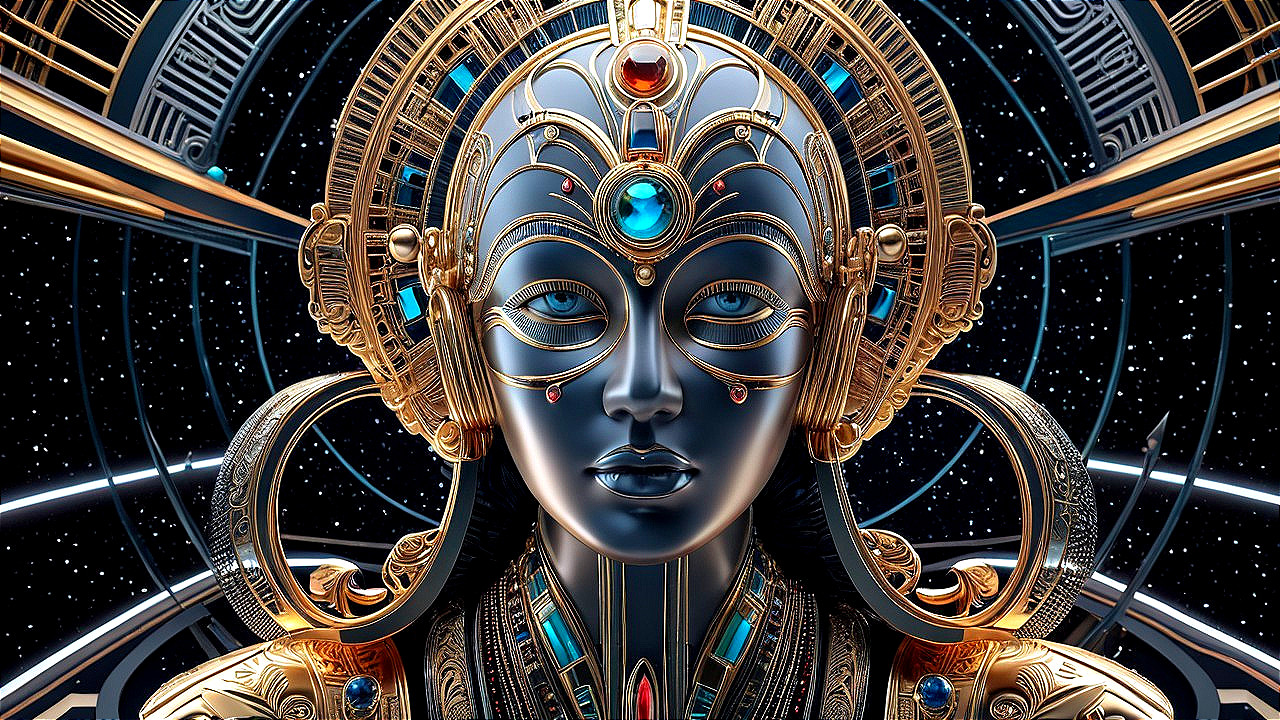 Futuristic humanoid figure in cosmic space setting