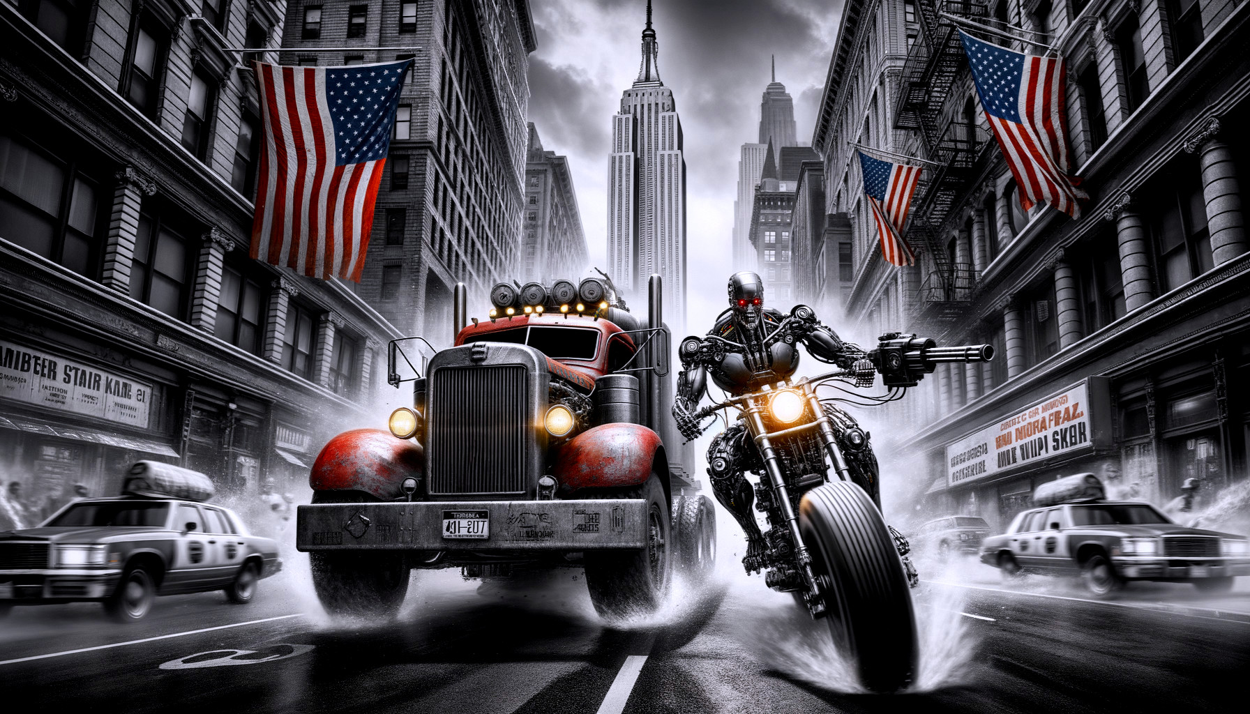 Futuristic Robot on Motorcycle in Urban Cityscape