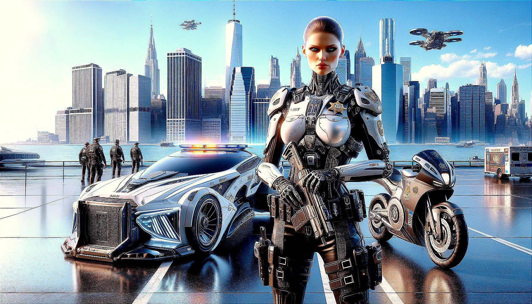 Futuristic Cybernetic Officer in High-Tech Cityscape