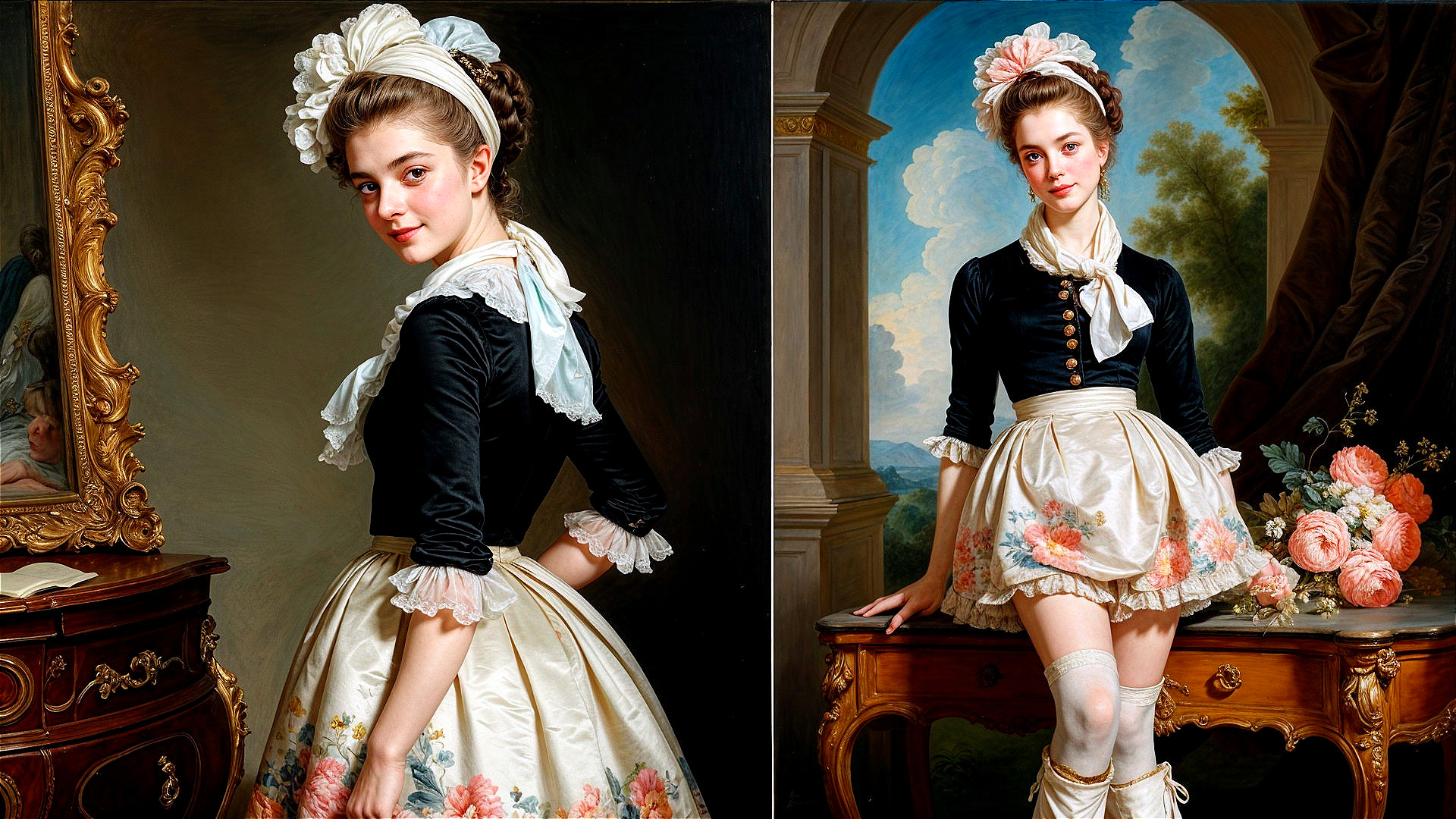 Young Woman in Elegant Historical Attire and Decor
