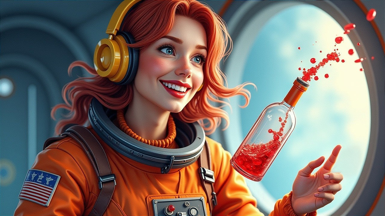 Cheerful Astronaut in Orange Suit with Cosmic View