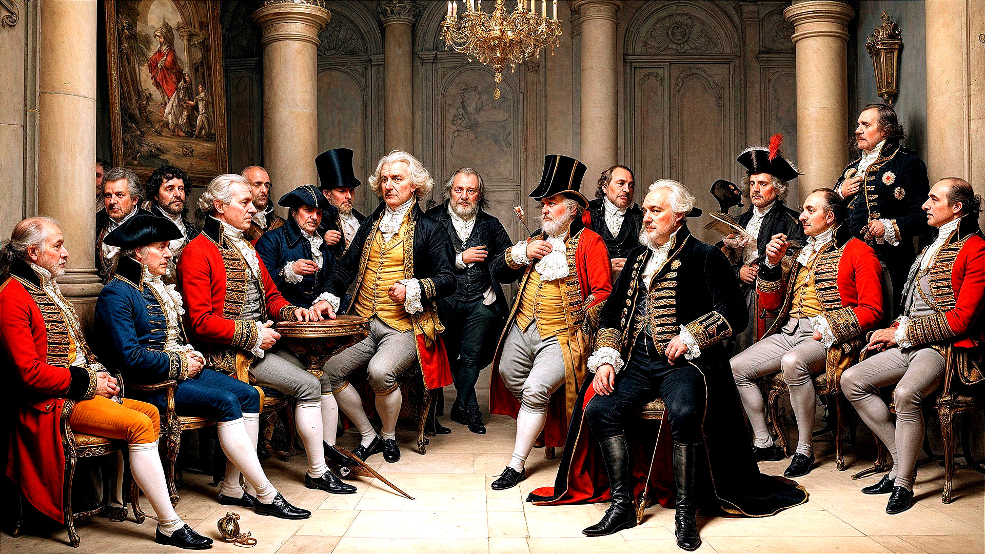 Elegant 18th-Century Attire in Opulent Gathering