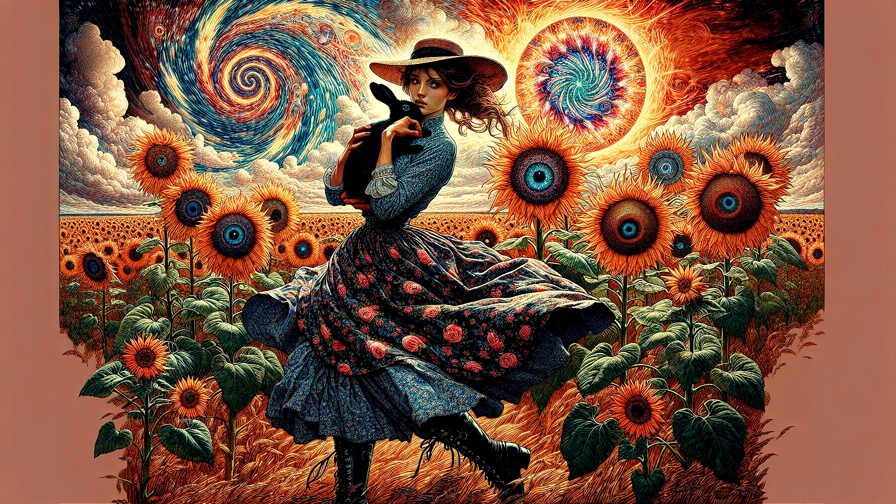 Young Woman Dancing Among Vibrant Sunflowers