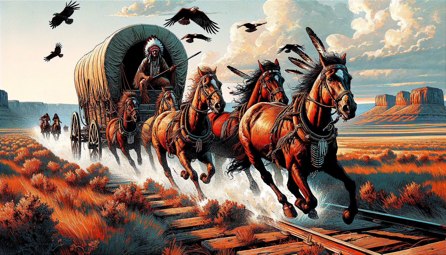 Native American Chief with Horses Near Train Tracks