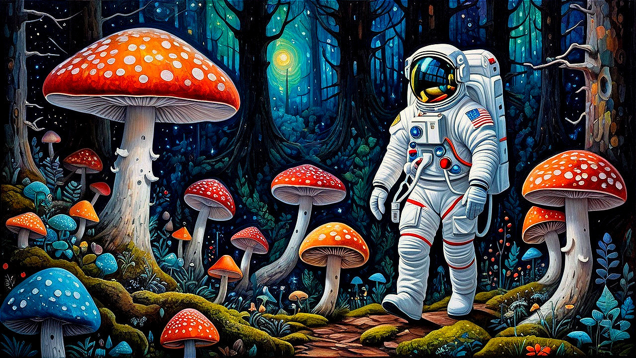 Astronaut in a vibrant forest with oversized mushrooms