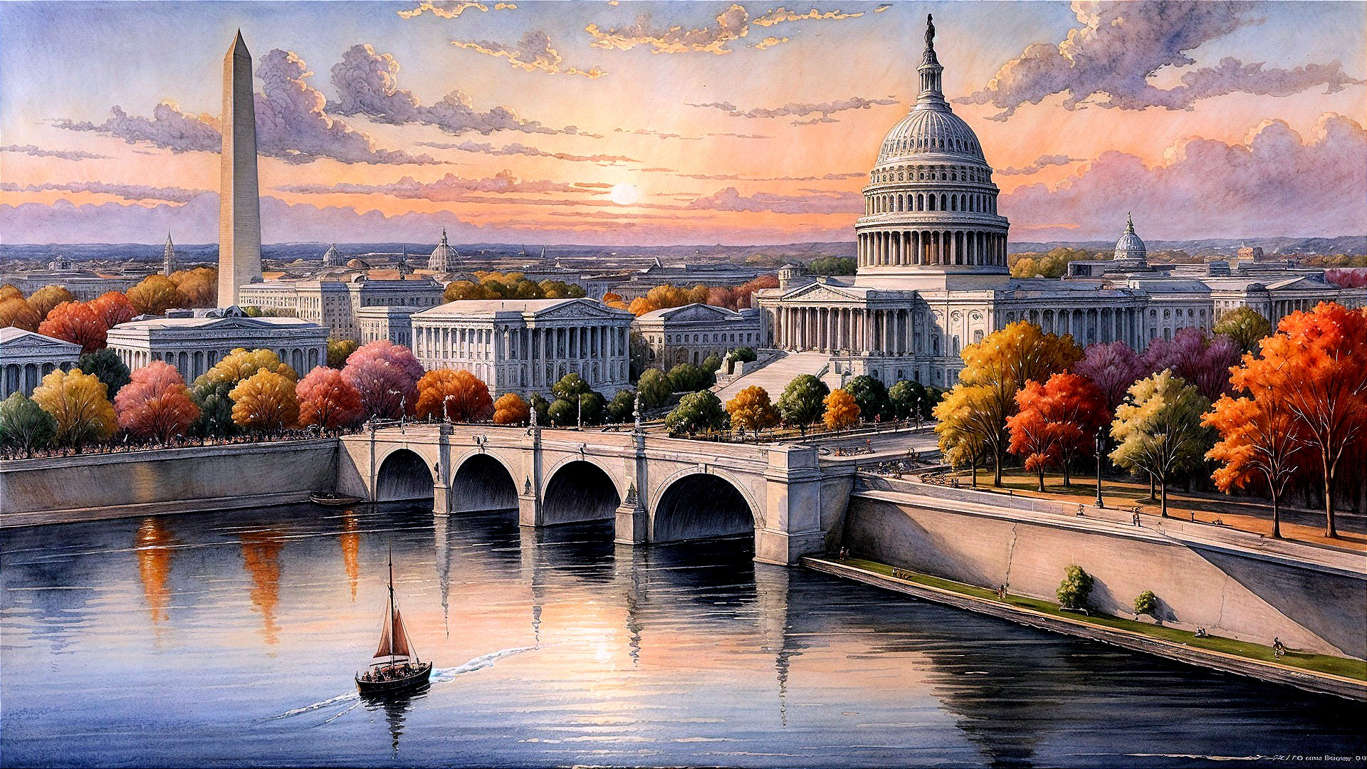 Washington, D.C. Sunset with Capitol and Monument View