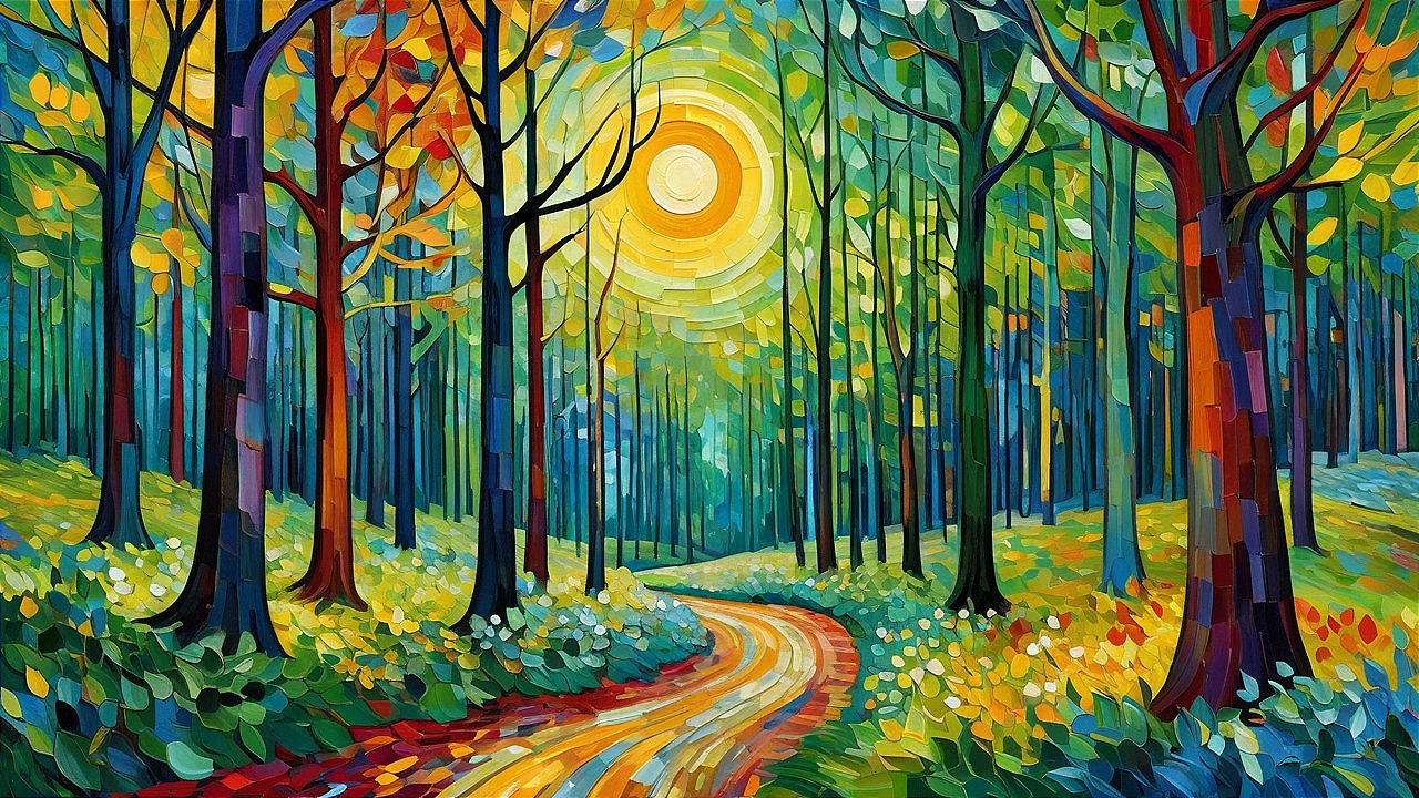 Vibrant Forest Scene with Winding Path and Autumn Hues