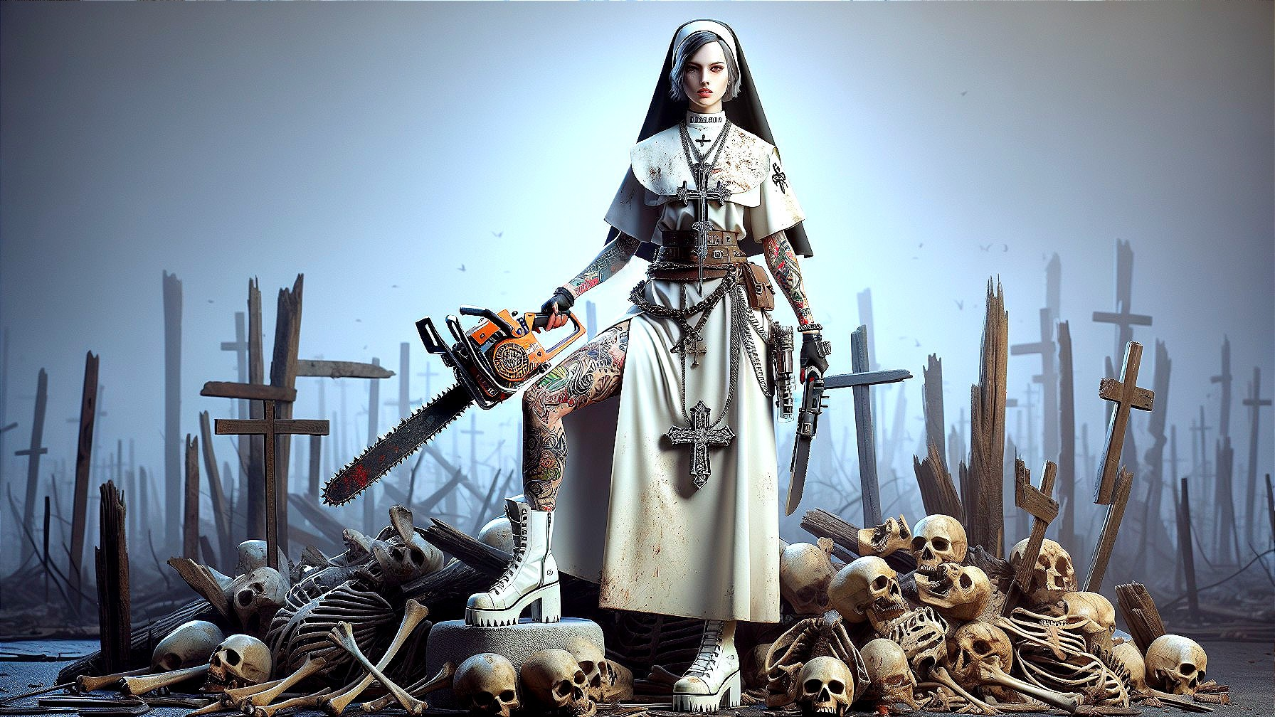 Nun in Habit with Chainsaw in Eerie Chaos Scene