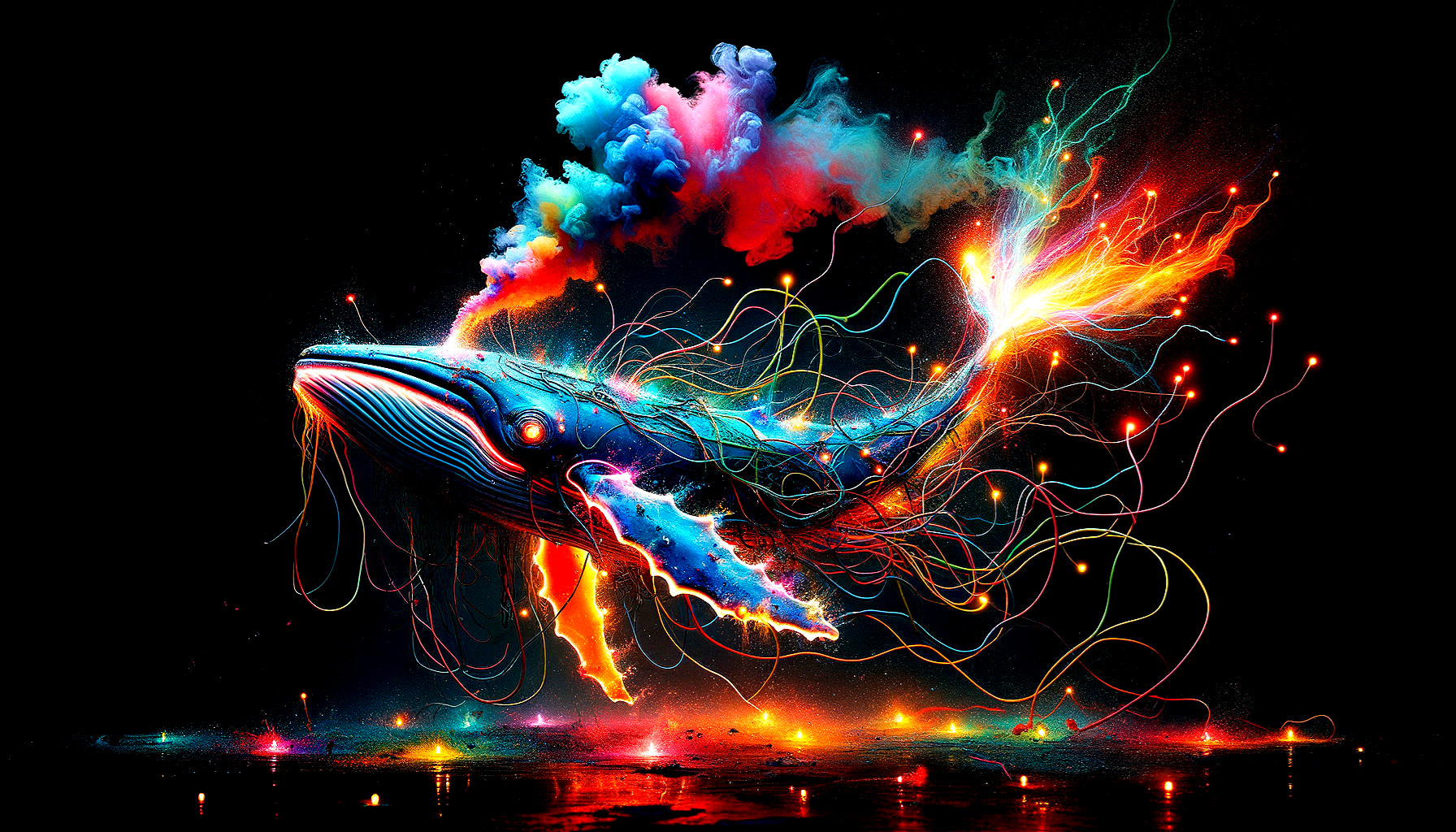 Colorful digital artwork: Luminous whale in dark setting