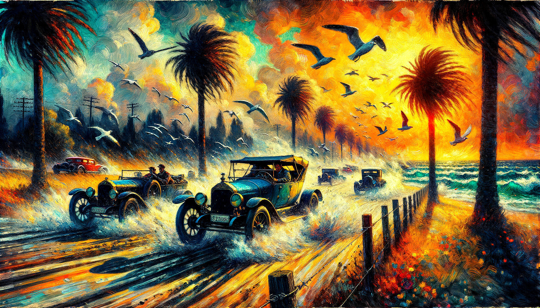 Impressionistic Scene of Vintage Cars at Sunset
