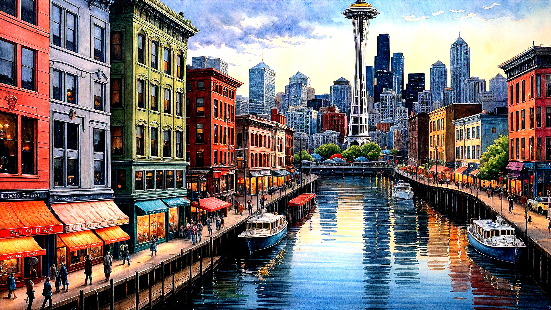 Vibrant Cityscape with Colorful Buildings and Waterway