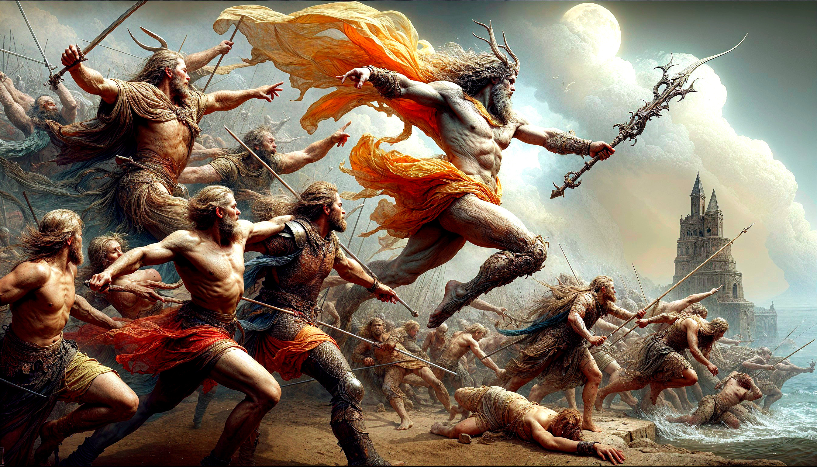 Dynamic Battle Scene with Muscular Archer and Warriors