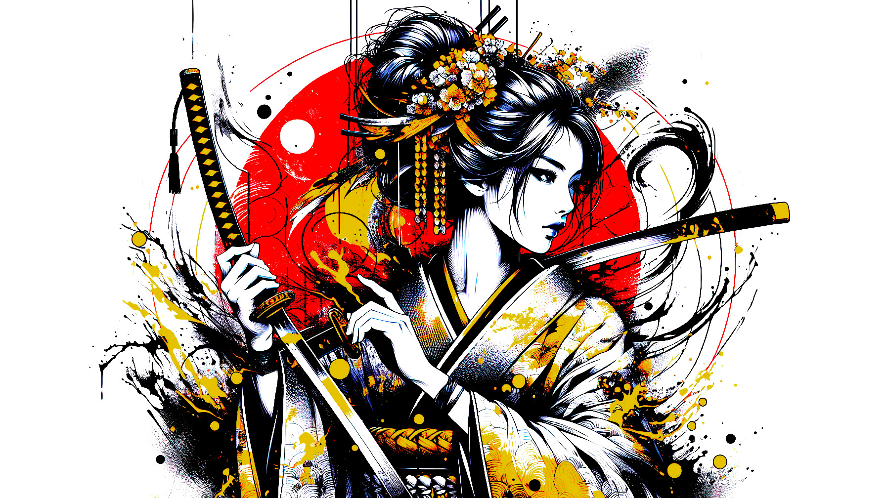 Illustration of a female samurai with katana and kimono