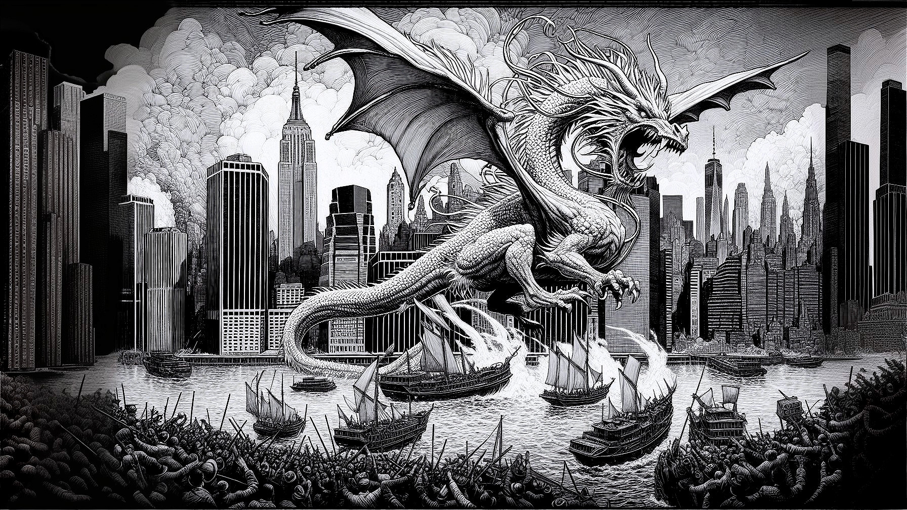 Colossal Dragon Over Cityscape with Ships Below